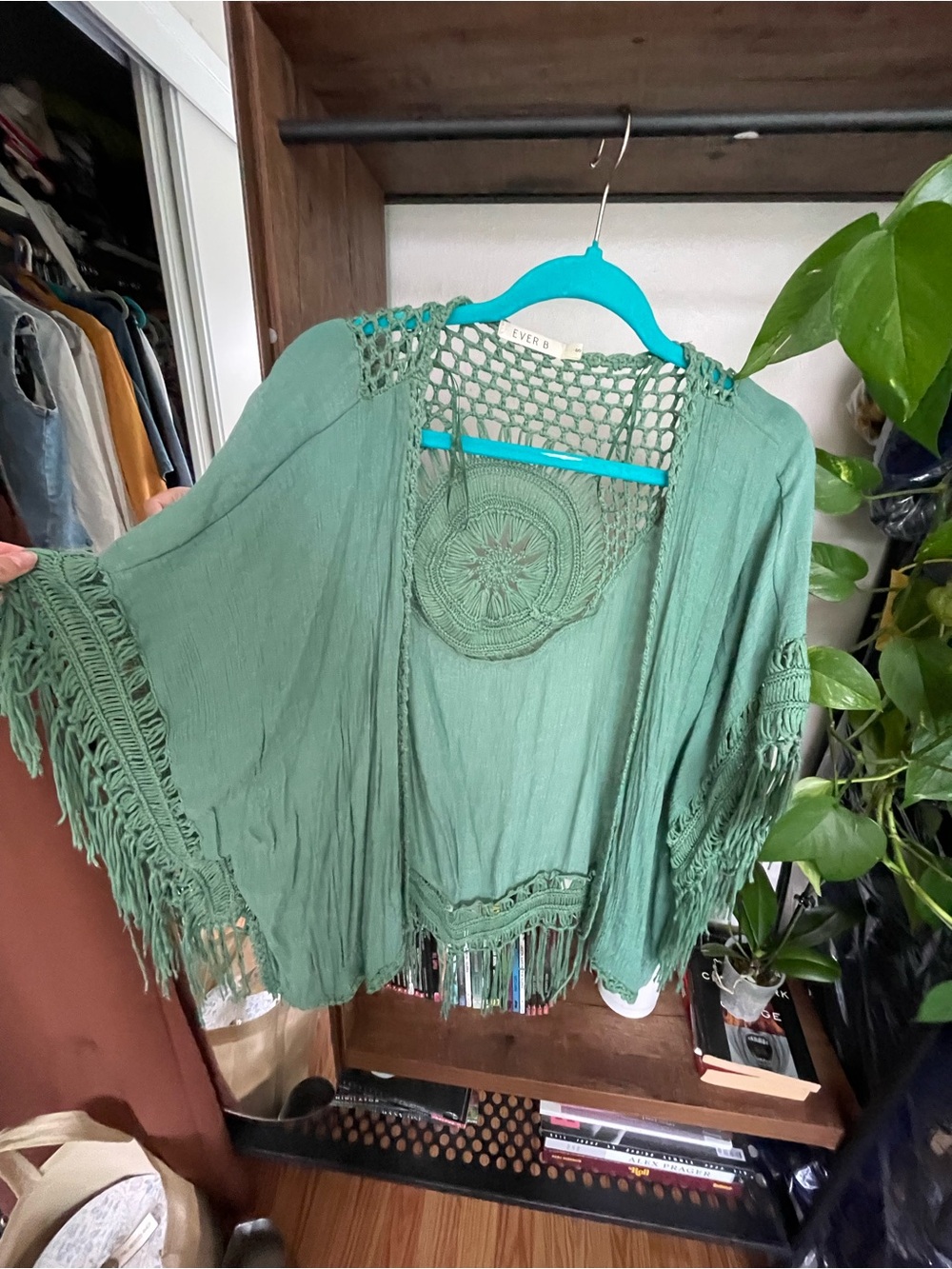 Open Crochet Fringe Cardigan Sweater - Green